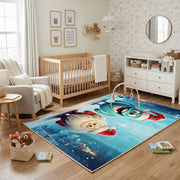 Winter Cat Portrait Area Rug, Blue Snowy Feline Carpet, Cozy Decor – living room view