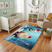 Winter Cat Portrait Area Rug, Blue Snowy Feline Carpet, Cozy Decor – design close-up