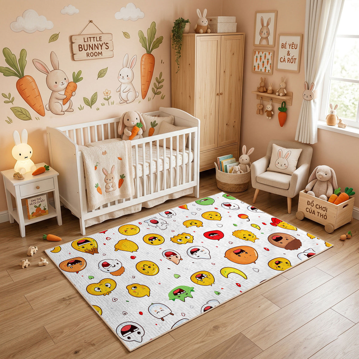 Colorful Emoji Faces Area Rug, Playful Pattern Carpet, Kids Room Decor – featured room view