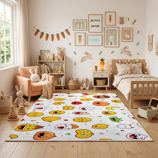 Colorful Emoji Faces Area Rug, Playful Pattern Carpet, Kids Room Decor – full rug view