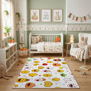 Colorful Emoji Faces Area Rug, Playful Pattern Carpet, Kids Room Decor – angled room view