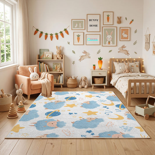 Celestial Animal Pattern Area Rug, Blue Gold Nursery Carpet, Kids Decor – featured room view