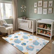 Celestial Animal Pattern Area Rug, Blue Gold Nursery Carpet, Kids Decor – alternate room view