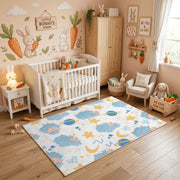 Celestial Animal Pattern Area Rug, Blue Gold Nursery Carpet, Kids Decor – full rug view