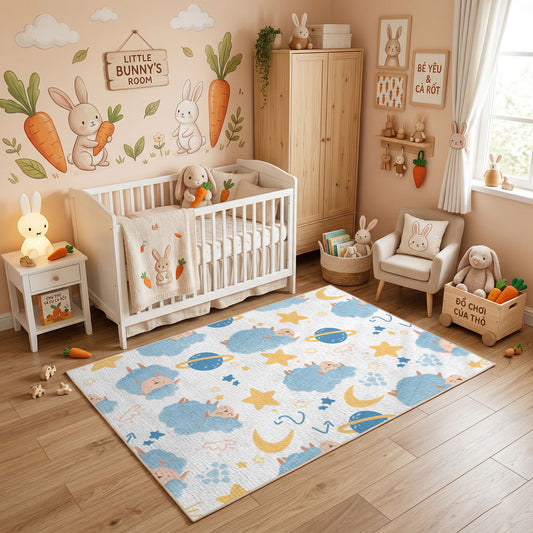 Celestial Animal Pattern Area Rug, Blue Gold Nursery Carpet, Kids Decor – full rug view