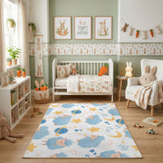 Celestial Animal Pattern Area Rug, Blue Gold Nursery Carpet, Kids Decor – angled room view