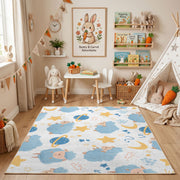 Celestial Animal Pattern Area Rug, Blue Gold Nursery Carpet, Kids Decor – bedroom styling