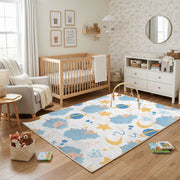 Celestial Animal Pattern Area Rug, Blue Gold Nursery Carpet, Kids Decor – playroom styling