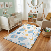 Celestial Animal Pattern Area Rug, Blue Gold Nursery Carpet, Kids Decor – living room view