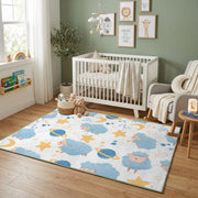 Celestial Animal Pattern Area Rug, Blue Gold Nursery Carpet, Kids Decor – design close-up