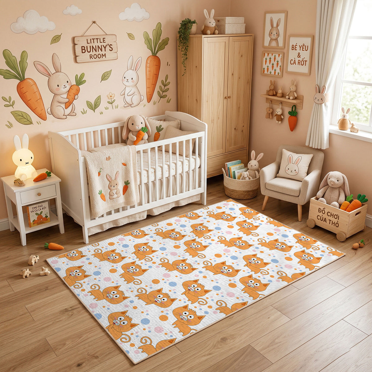 Orange Paw Print Area Rug, Cute Pet Pattern Carpet, Kids Room Decor – featured room view