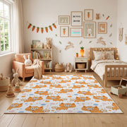 Orange Paw Print Area Rug, Cute Pet Pattern Carpet, Kids Room Decor – full rug view