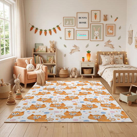 Orange Paw Print Area Rug, Cute Pet Pattern Carpet, Kids Room Decor – full rug view