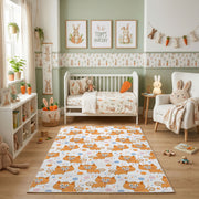 Orange Paw Print Area Rug, Cute Pet Pattern Carpet, Kids Room Decor – angled room view