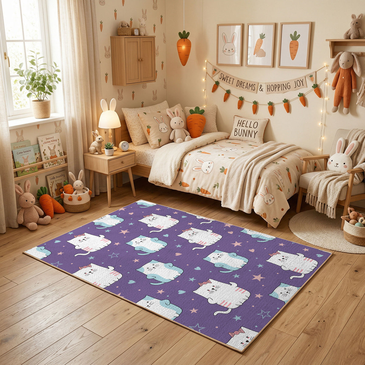 Purple Cat Pattern Area Rug, Cute Feline Carpet, Kids Room Decor – featured room view