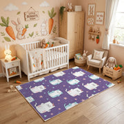 Purple Cat Pattern Area Rug, Cute Feline Carpet, Kids Room Decor – angled room view