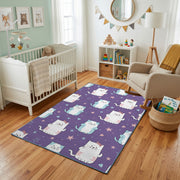 Purple Cat Pattern Area Rug, Cute Feline Carpet, Kids Room Decor – living room view