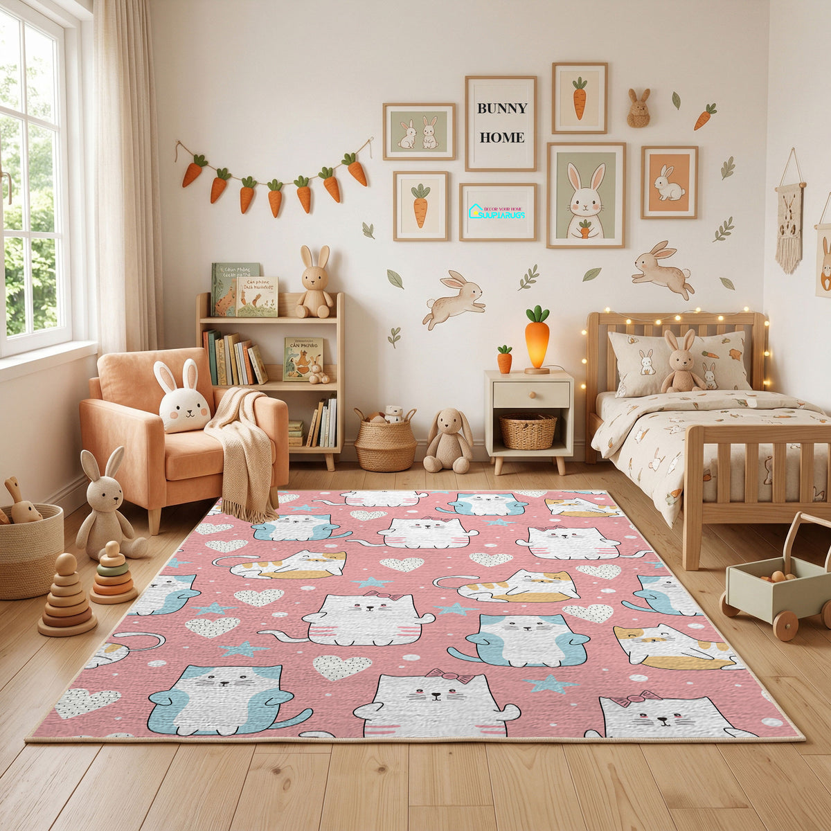 Pink Cat Pattern Area Rug, Pastel Feline Carpet, Nursery Room Decor – featured room view
