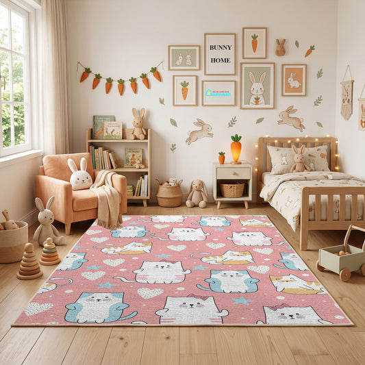 Pink Cat Pattern Area Rug, Pastel Feline Carpet, Nursery Room Decor – featured room view