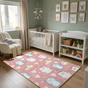 Pink Cat Pattern Area Rug, Pastel Feline Carpet, Nursery Room Decor – alternate room view