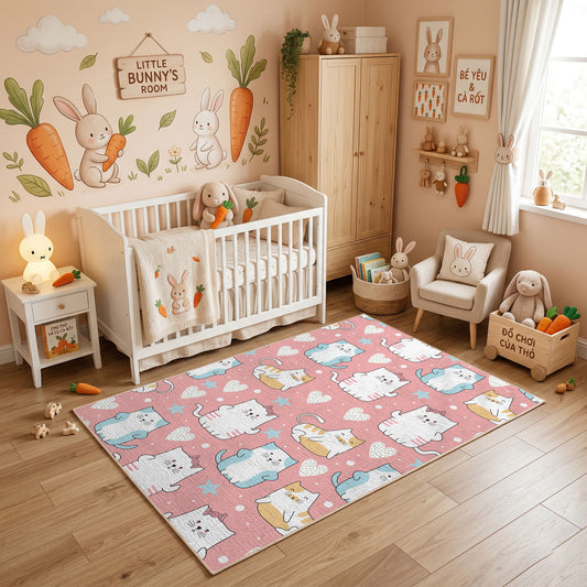Pink Cat Pattern Area Rug, Pastel Feline Carpet, Nursery Room Decor – full rug view