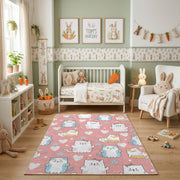 Pink Cat Pattern Area Rug, Pastel Feline Carpet, Nursery Room Decor – angled room view