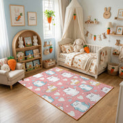 Pink Cat Pattern Area Rug, Pastel Feline Carpet, Nursery Room Decor – texture view
