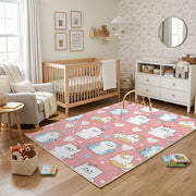 Pink Cat Pattern Area Rug, Pastel Feline Carpet, Nursery Room Decor – playroom styling