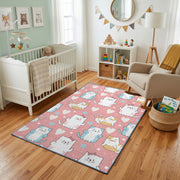 Pink Cat Pattern Area Rug, Pastel Feline Carpet, Nursery Room Decor – living room view
