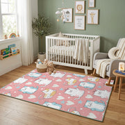 Pink Cat Pattern Area Rug, Pastel Feline Carpet, Nursery Room Decor – design close-up
