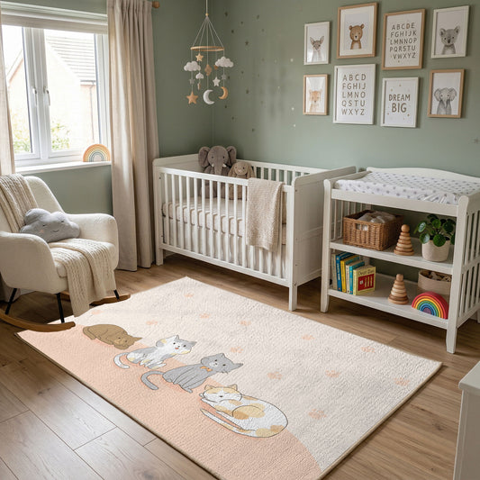 Minimal Bunny Outline Area Rug, Soft Beige Rabbit Carpet, Nursery Decor – featured room view