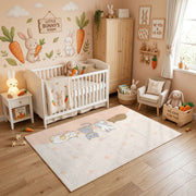 Minimal Bunny Outline Area Rug, Soft Beige Rabbit Carpet, Nursery Decor – angled room view