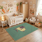 Sleepy Bear Area Rug, Sage Green Animal Carpet, Cozy Nursery Decor – angled room view
