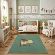 Sleepy Bear Area Rug, Sage Green Animal Carpet, Cozy Nursery Decor – pattern detail