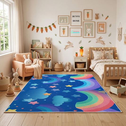 Rainbow Night Sky Area Rug, Blue Celestial Carpet, Kids Room Decor – full rug view