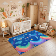 Rainbow Night Sky Area Rug, Blue Celestial Carpet, Kids Room Decor – angled room view