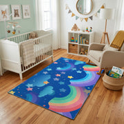 Rainbow Night Sky Area Rug, Blue Celestial Carpet, Kids Room Decor – living room view