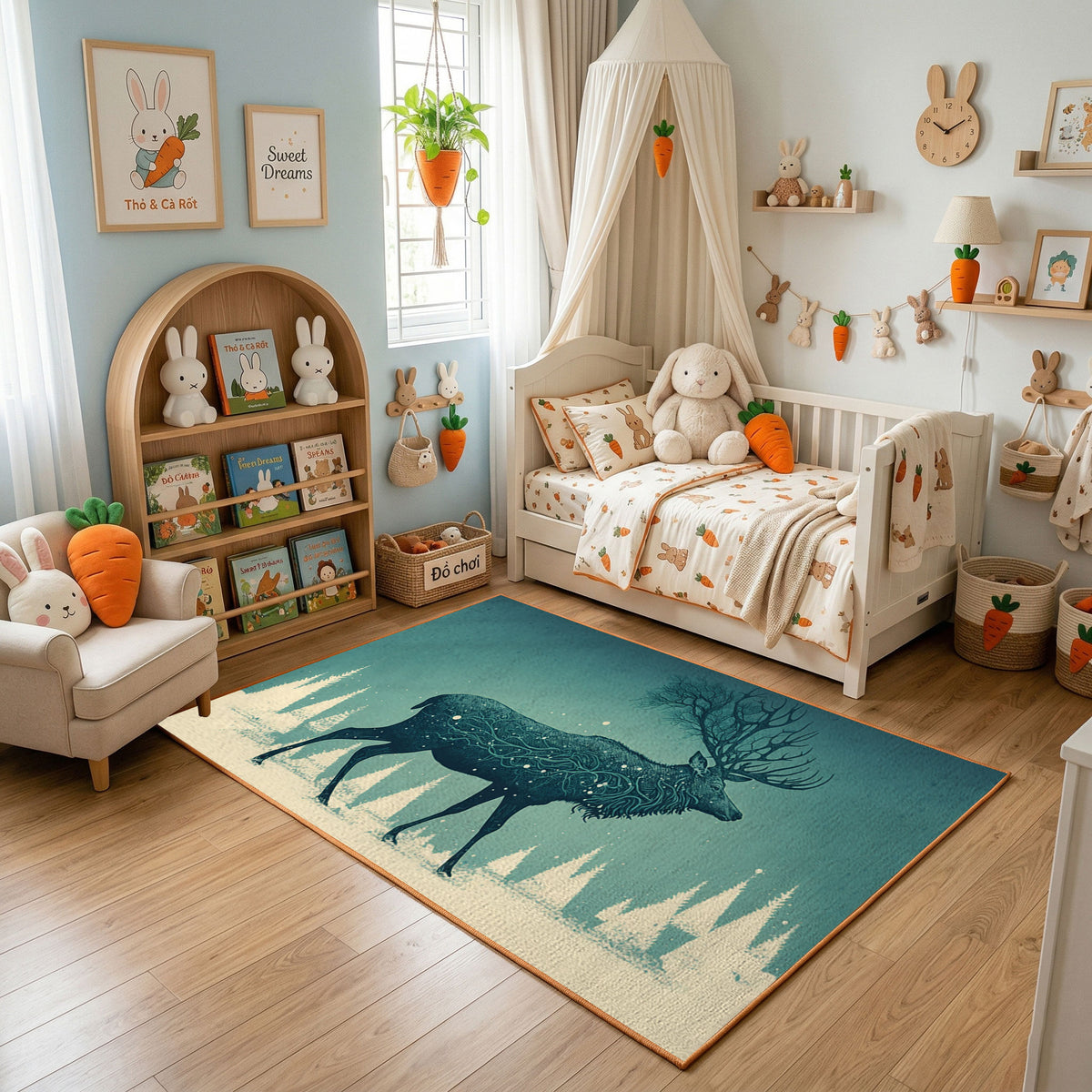 Misty Wolf Silhouette Area Rug, Teal Forest Animal Carpet, Rustic Decor – featured room view