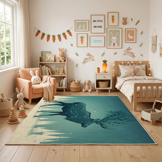 Misty Wolf Silhouette Area Rug, Teal Forest Animal Carpet, Rustic Decor – full rug view