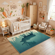 Misty Wolf Silhouette Area Rug, Teal Forest Animal Carpet, Rustic Decor – angled room view