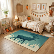 Misty Wolf Silhouette Area Rug, Teal Forest Animal Carpet, Rustic Decor – texture view