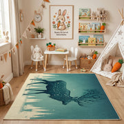 Misty Wolf Silhouette Area Rug, Teal Forest Animal Carpet, Rustic Decor – bedroom styling