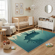 Misty Wolf Silhouette Area Rug, Teal Forest Animal Carpet, Rustic Decor – playroom styling