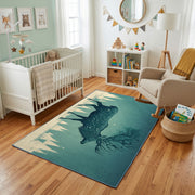 Misty Wolf Silhouette Area Rug, Teal Forest Animal Carpet, Rustic Decor – living room view