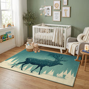 Misty Wolf Silhouette Area Rug, Teal Forest Animal Carpet, Rustic Decor – design close-up