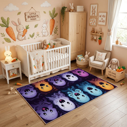 Purple Emoji Faces Area Rug, Dark Playful Pattern Carpet, Kids Decor – featured room view