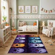 Purple Emoji Faces Area Rug, Dark Playful Pattern Carpet, Kids Decor – angled room view