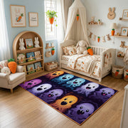 Purple Emoji Faces Area Rug, Dark Playful Pattern Carpet, Kids Decor – texture view