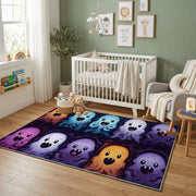 Purple Emoji Faces Area Rug, Dark Playful Pattern Carpet, Kids Decor – design close-up