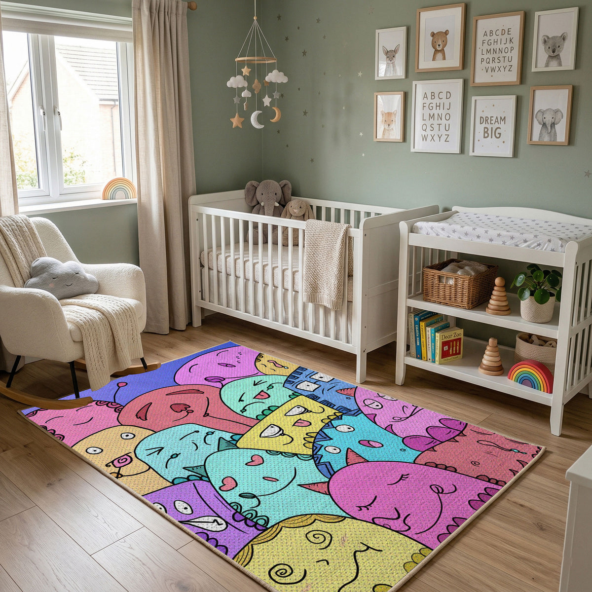 Pastel Cat Collage Area Rug, Colorful Feline Pattern Carpet, Kids Decor – featured room view